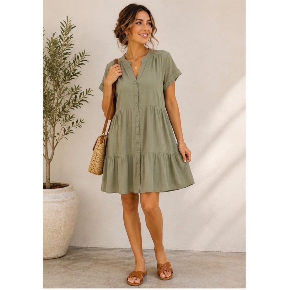 Mikarose Sage Green Tiered Dress M Modest Rayon Button Front NWT Cottagecore